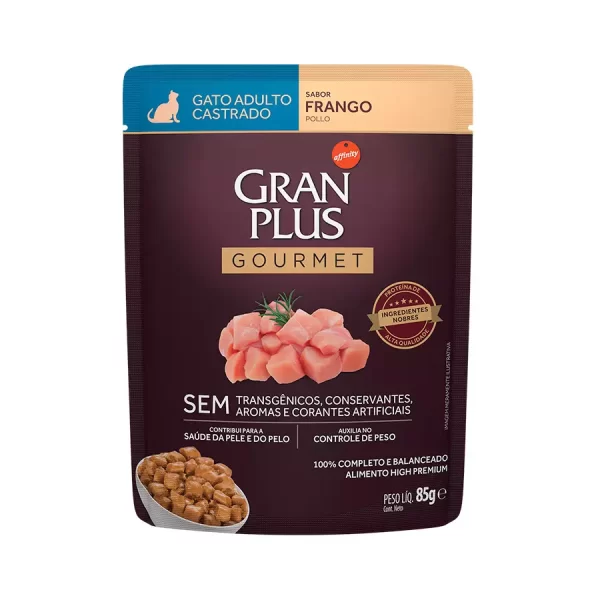 Ração Úmida GranPlus Gourmet Sachê para Gatos Adultos Castrados Sabor Frango – 85g