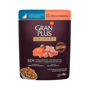 Ração Úmida GranPlus Gourmet Sachê para Gatos Castrados Sabor Salmão e Frango – 85g